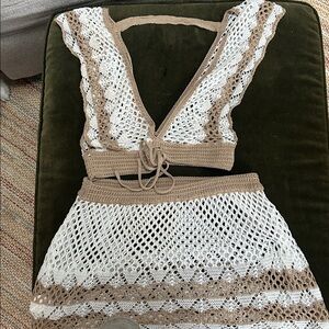 Crochet Lace Vest and Skirt in White and Tan